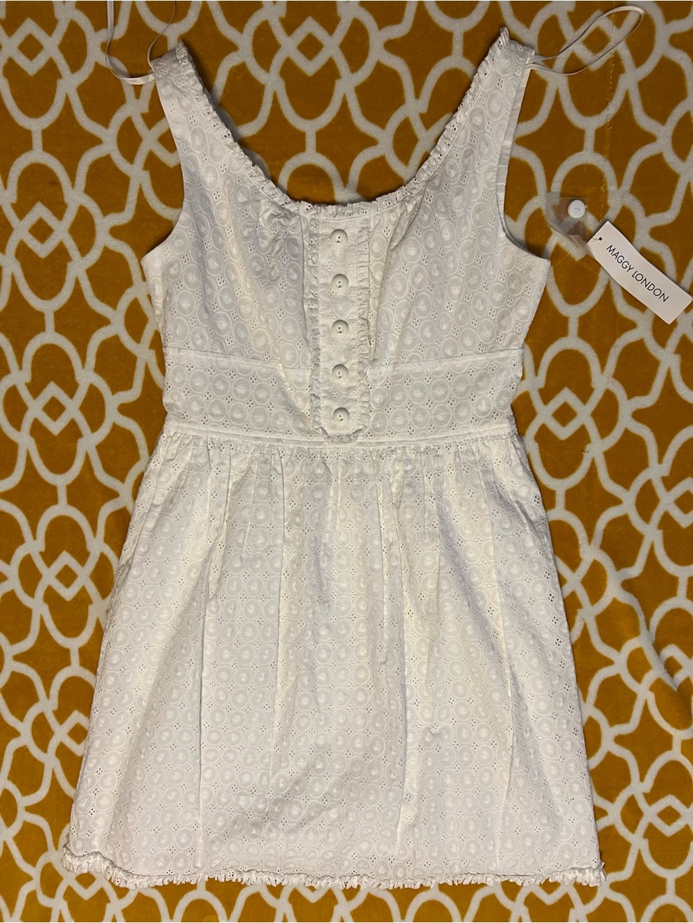 Maggy London White Eyelet Dress with Scalloped Waist